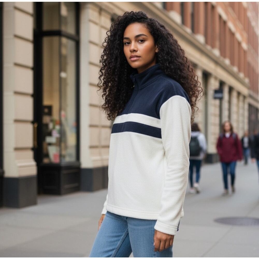 Faherty Legend Lounge Terry Cloth Stripe Colorblock Quarter Zip Sweater Small